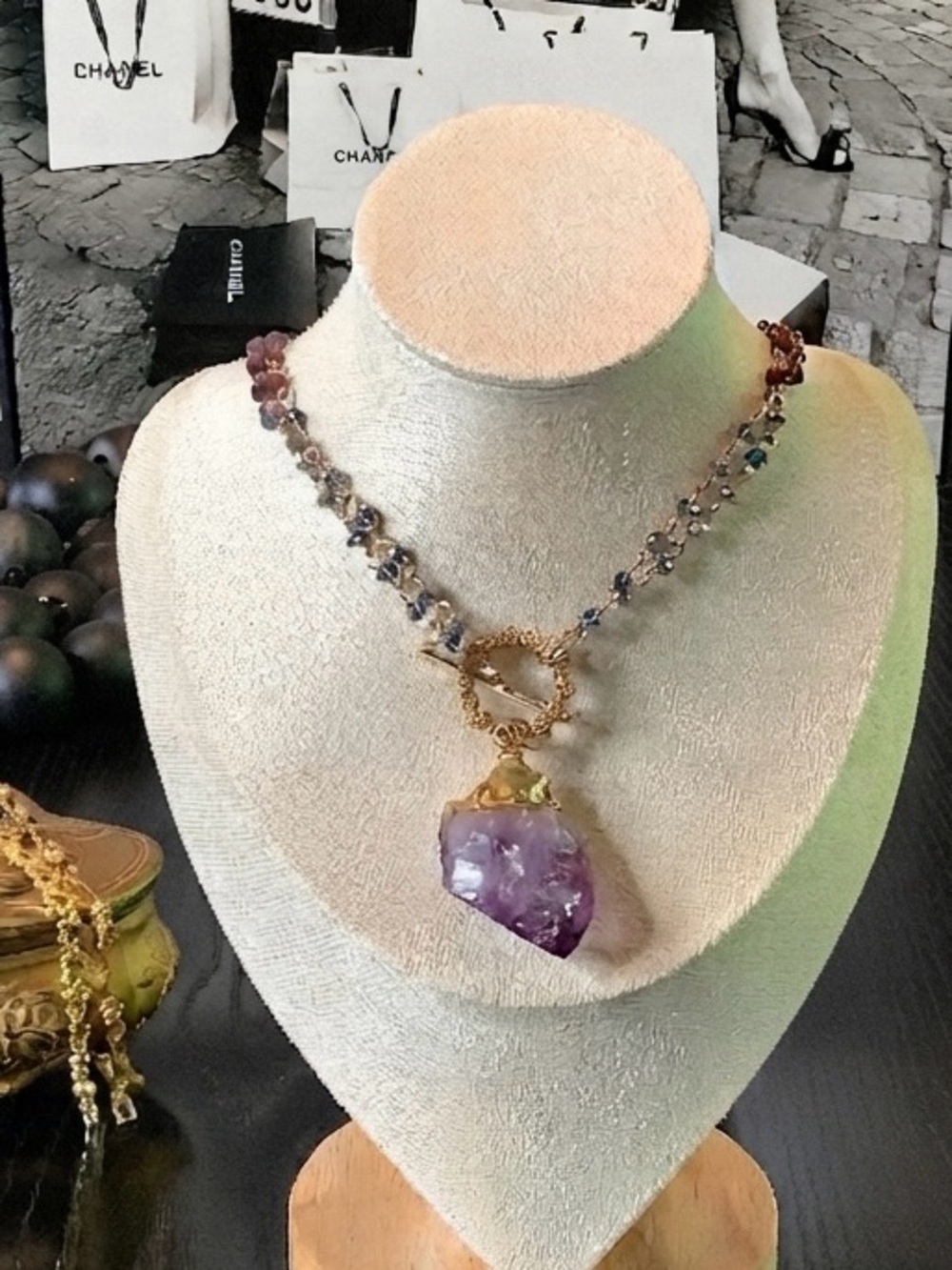 Artisan Amethyst Crystal Pendant Necklace Gold Tone